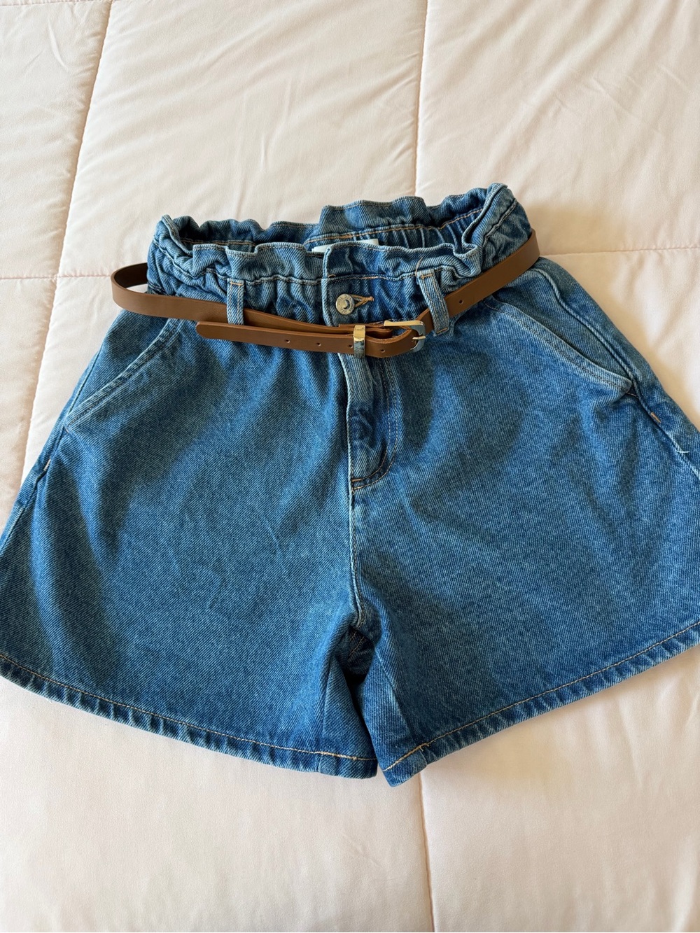Zara Paperbag High-Waist Denim Shorts with Brown Belt - Blue